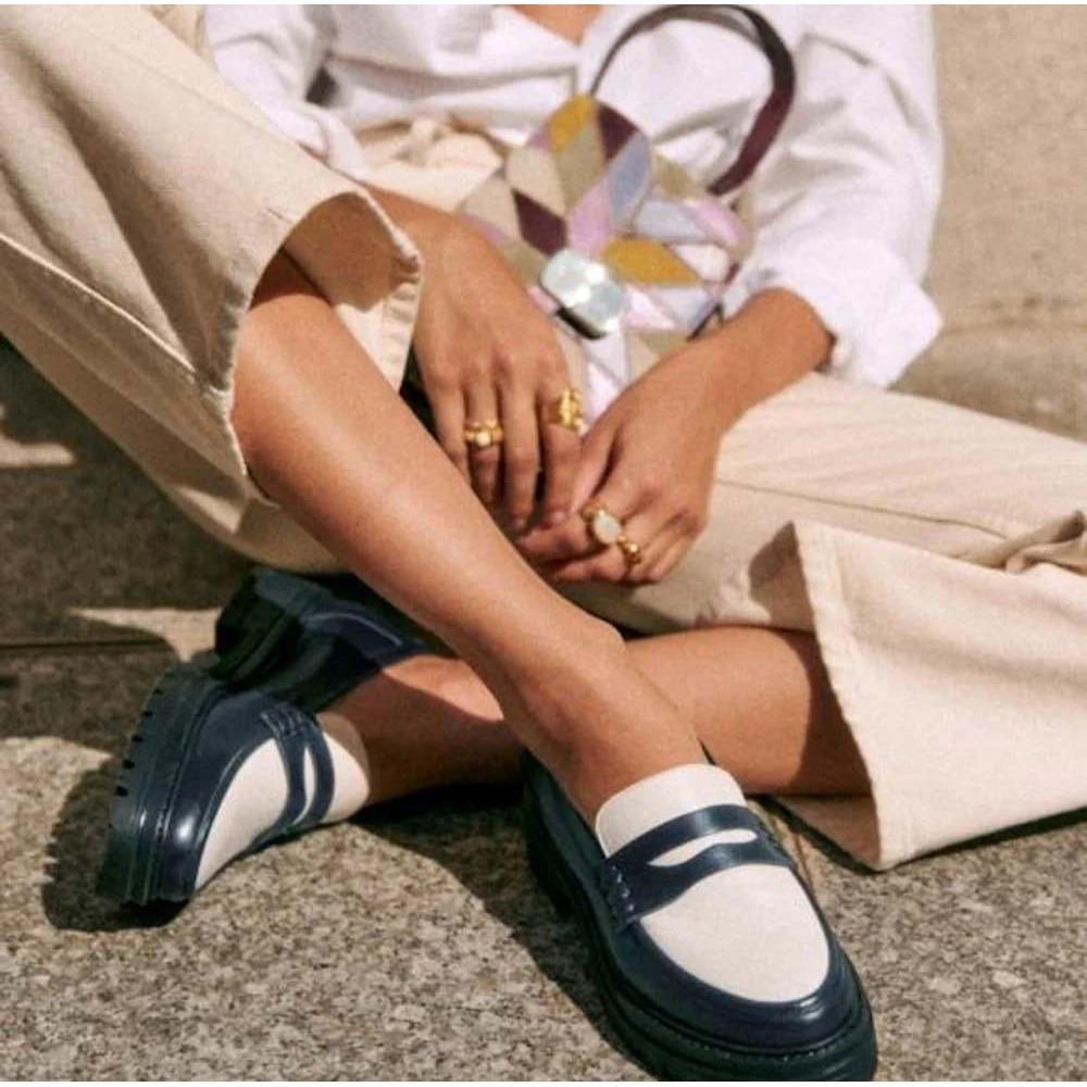 Sezane Albane Loafers Navy White Leather Chunky Preppy Size 40